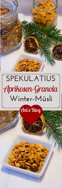 Spekulatius-Aprikosen-Granola ist ein im Ofengebackenes Müsli. Im Hintergrund Joghurt mit Granola.