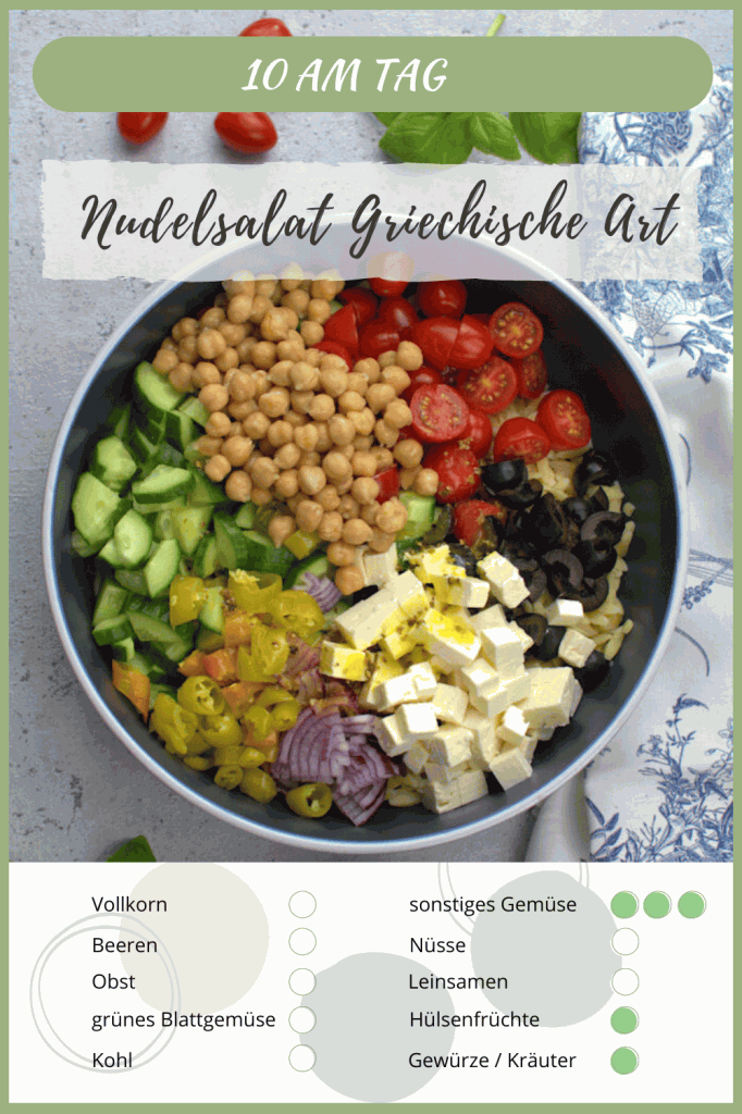 Der griechische Nudelsalat deckt 3 der 10 am Tag Lebensmittel ab.
