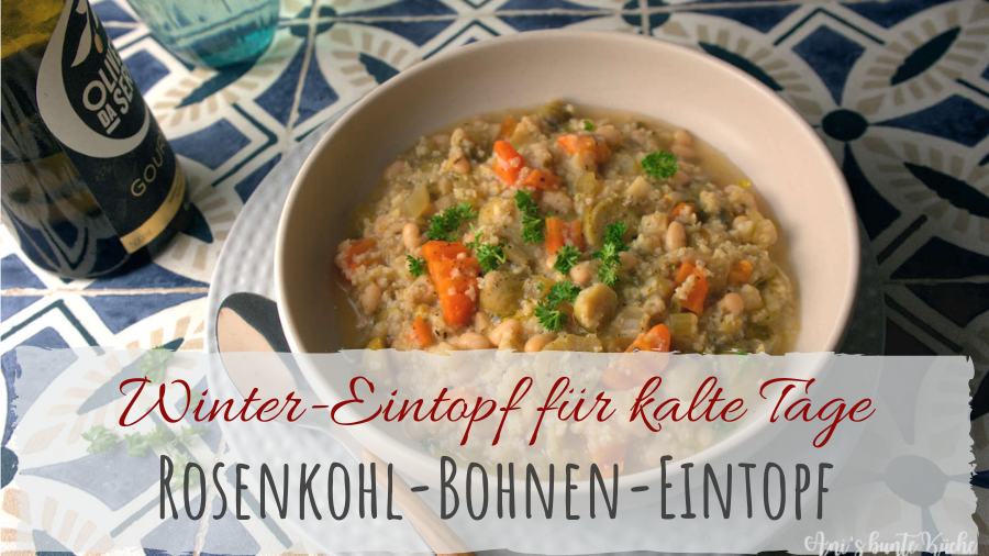 Rezept: Rosenkohl-Bohnen-Eintopf mit Hirse in einer Schüssel, serviert mit frischen Kräutern.